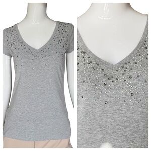 Cache Grey Rhinestone Studded Short Sleeve Tee With Ruched Sides Size Medium